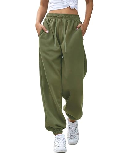 Oyamiki Womens Joggers Casual Baggy Trousers Elasticated Waist Athletic Sweat Pants with Pockets Jogging Bottoms Army Green S