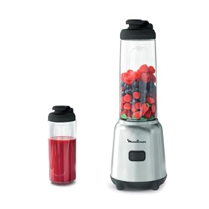 Foto di Moulinex Mix&Move Mini Frullatore Portatile, 2 bottiglie 600 ml, 300 W, Design Compatto, Lame Rimovibili, Frullatore Smoothie con Controllo Semplice, Argento, LM15FD