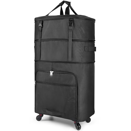 Foldable travel bag, Black travel bag, Expandable large capacity luggage bag, Rotatable luggage bag with wheels, Unisex