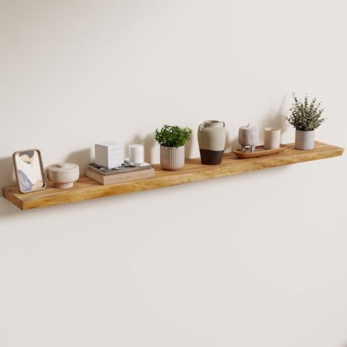 Image of Axeman 56 inch Floating Shelves for Wall Live Edge, Natural | 8 inch Deep Wall Shelf, Invisible Bracket, Large Long Shelves, Living Room, Bedroom, Kitchen, Bathroom