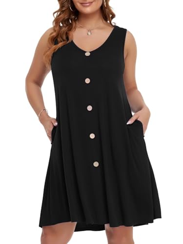 BELAROI Plus Size Dresses for Curvy Women | Summer, Sundresses, Beach Swimsuit Coverup, Loose, Swing, Tshirt, V Neck, Sleeveless, Casual, Button, Vacation, with Pockets (3X,Black)