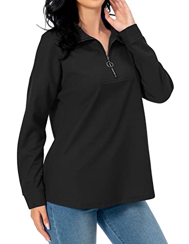 Image of Womens Trendy Casual Long Sleeve Collared Waffle Knit Tops Fall Winter Soft Lightweight Quarter Zip Pullover Sweaters