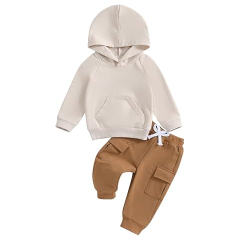 Mandizy Toddler Baby Boy Fall Clothes Long Sleeve Solid Color Hooded Sweatshirt Cargo Pants Set 2Pcs Winter Outfit (Apricot, 2-3T) Cover