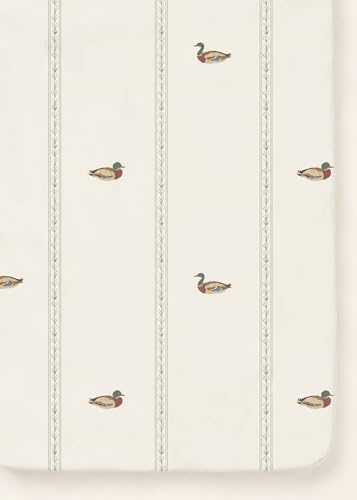Image of Oilo Mallard Duck Crib Sheet, Fitted Organic Cotton Jersey, 300 Thread Count, Breathable, Machine Washable, Fits Standard Crib & Toddler Bed (28 inch x 52 inch x 9 inch), Mallard Nursery Bedding