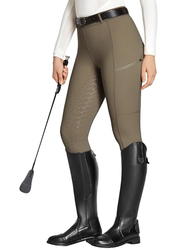 FitsT4 Sports Reitleggings Damen Reithose Mädchen Silikon vollbesatz mit Handytasche und Gürtelschlaufen für Reitsport Pferdetraining Dunkelbraun S