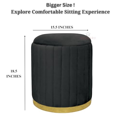 Image of Round Velvet Luxurious Storage Ottoman, Pouf with Storage Vanity Stool Chair,Upholstered Foot Rest Stool with Gold Strip Base for Living Room or Bedroom (Black., Large-40Dx40Wx46H)