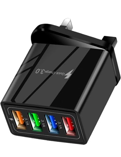 USB Plug Charger UK, QC 3.0 3.1A Fast Charging, 4-Port USB Wall Charger Plug, Power Adapter with Smart Device-Adaptive, Quick Charging Technology for All Smartphone(Black