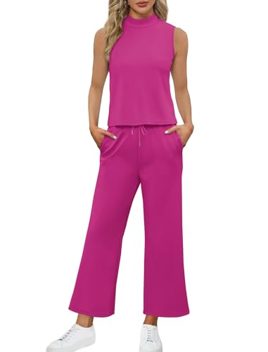 Image of SAMPEEL Two Piece Sets for Women Summer Outfits Lounge Sets Mock Neck Tops Wide Leg Crop Pants Vacation Travel Outfits