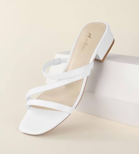 Image of Ankis Black Nude White Strappy Heels Women 1 Inch Low Chunky Block Heel Heeled Sandals Square Open Toe Slip On Slides Mules