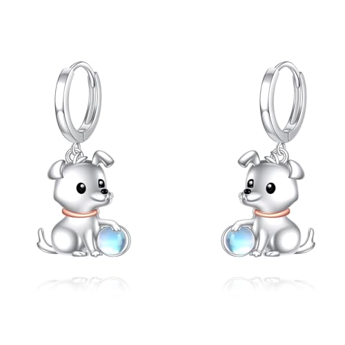 Hund Ohrringe für Damen - 925 Silber Creolen Mit Mondstein, Hängend Schmuck Geschenk für Kinder Mädchen
