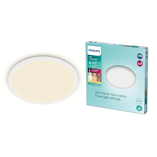 Philips Plafonnier LED Superslim, SceneSwitch 3 réglages d'intensité, 18W, rond, éclairage blanc chaud, idéal pour les salles de bain avec son indice IP44, Blanc