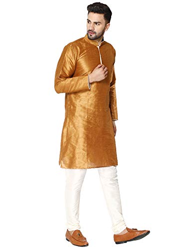 Image of SKAVIJ Men's Dupion Silk Regular Kurta Pajama Set Brown S