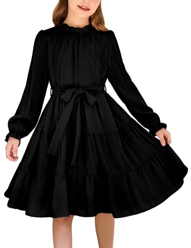 Arshiner Mädchen Kleider Elegant Winter Langarm Swing Festliches Kleid mit Gürtel Kleider für Kinder 14-15 Jahre Schwarz
