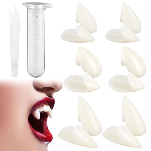 6 Piezas de Colmillos de Vampiro, Accesorios de Vampiro en 3 tamaños (15 mm, 17 mm, 19 mm) con Tubos de mordida, Colmillos de Vampiro para niños, adecuados para Juegos de rol, Fiesta de Halloween