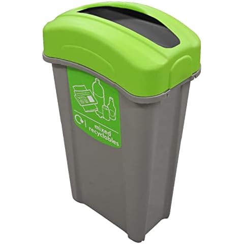 Glasdon Eco Nexus 85 Mixed Recyclables Recycling Bin (Grey, Green Sticker) - 85-Litre Mixed Waste Bin with Narrow Footprint - Slim Indoor Recycling Container Cover