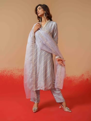 Image of Kaari Women's Embroidered Kurta Set with Dupatta - Festive Kurta Set for Women Polyester