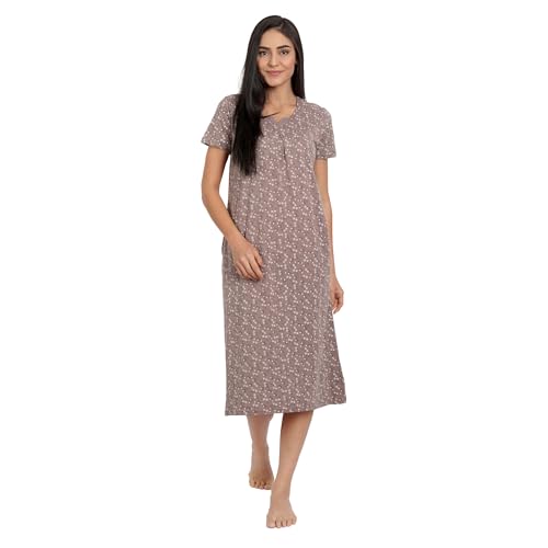 Image of BLAZON Women's Cotton Hosiery Elegant Maxi Nightdress with Lace Detailing, Floral Print, Pockets & Half Sleeves