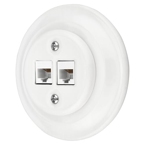 Presa di rete in porcellana retrò CAT.5E a 2 ingressi, All-in-One, serie PR1, bianco