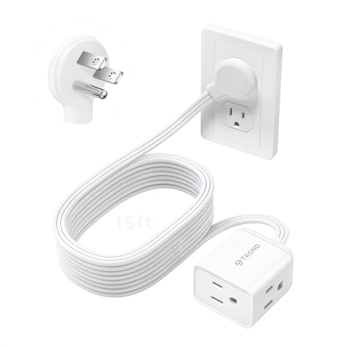 Image of TROND Flat Extension Cord 15ft - Left Angled Flat Plug Power Strip, ETL Listed, 3 Plug Extension Outlets, Three Prong, SPT 16 /3 Gauge, 13A, Compact for Tight Spaces Indoor Home Office Kitchen, White