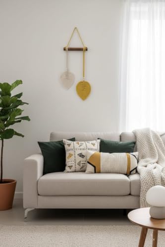 Image of AdFashionble Boho Macrame Wall Hanging Leaf Decor for Home, Living Room & Bedroom | Cotton Thread Art with Wooden Rod | Minimalist Handmade Wall Decoration | Aesthetic Nordic Wall Art for Home, Office & Gift Purpose Lenght- 58 cm Width- 15 cm (YELLOW & OFFWHITE)