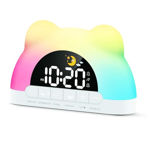 Kinderwecker Beautiebeam Wecker Digital für Mädchen Jungen OK zum Aufwachen der Plug-In Kinder Wecker Schlaftrainer für gesunde Routinen RGB Licht in 11 Farben 10 Soundeffekten Dual Alarm Snooze 12/24