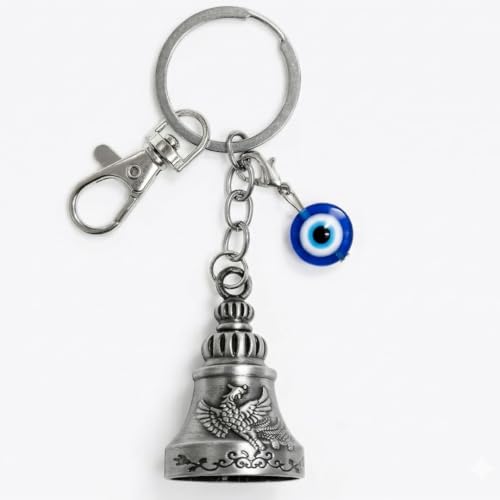 Image of OTTAVO Premium Guardian Bell Keychain for Bike & Car | Tibetan Texture Bell Keychain with Evil Eye & Silver Hook | Good Luck Charm with Laser-Engraved Wooden Gift Box