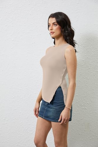 Image of OLAPTA Women Asymmetrical Button Down Side Split Sleeveless Tank Tops Boat Neck Slim Fit Summer Casual Side Button Knit Vest