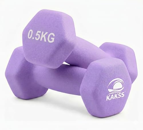 Image of KAKSS Neoprene Dumbbells Set, 1kg (2 x 0.5kg), Purple Hex Dumbbells with Easy-Grip Coated Finish, Cast Iron Hand Weights for Home Gym Equipment and Fitness Training for Women and Men