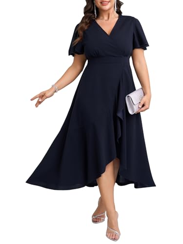 SCOMCHIC Plus Size Formal Dresses for Women Wedding Guest V Neck Wrap Ruffle Split Cocktail Party Evening Gowns Dress
