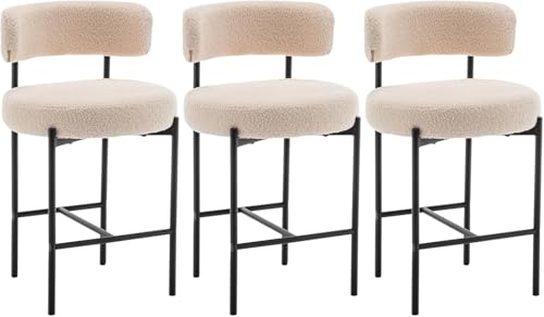 Image of Cinxzar Boucle Bar Stools Set of 3, Beige Counter Height Bar Stools with Backs, Modern Barstools for Kitchen Island, Pub, Club