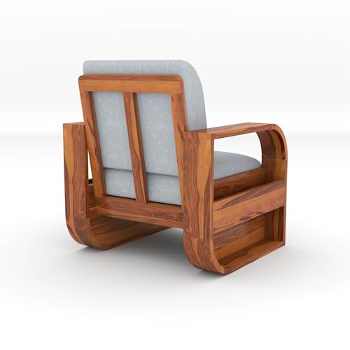 Image of Solid Sheesham Wooden 1 Seater Sofa Set with Grey Cushion for Living Room Furniture - Honey Finish