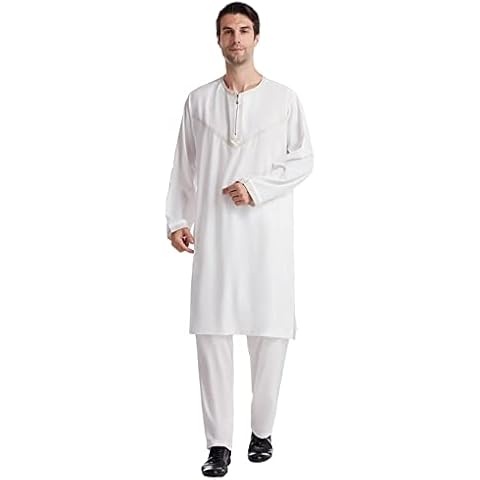 PMDKLSPQ Pack of 2 Muslim Men Pakistan Dubai Daffah Dishdasha Islamic Clothing Men's Prayer Clothing for Men Abaya Arabic Suit, White, L Cover