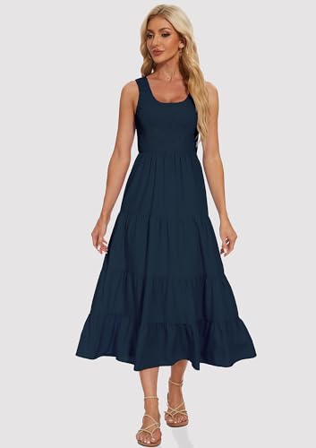 Image of Women's Summer Smocked Maxi Dresses Sleeveless U Neck Ruffle Hem Tiered A Line Flowy Dress