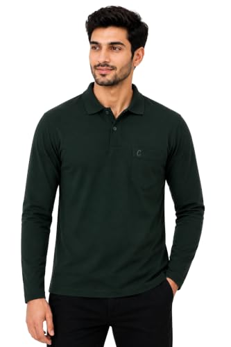 Image of CAMEY Men's Plain Solid Long Sleeve Polo T-Shirt | Regular Fit | Collared Casual Cotton Blend Tee with Chest Pocket | Everyday Comfort Wear