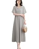[Yino] ロングワンピース Vネック タック レディース ワンピース 半袖 可愛い ゆったり パフスリーブ ポケット付き 落ち感 大きいサイズ 着痩せ おしゃれ エレガント カジュアル 夏