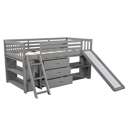 Twin Loft Bed With Slide And Storage Low Loft Bed Frame With Cabinet Drawers And Book Shelves, Wooden Loft Beds For Kids Boys Girls, Gray #TOP6
