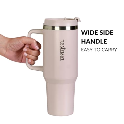 Image of Nestasia GripSip40 Tumbler with Straw & Side Handle 1.2L | Insulated Stainless Steel Sipper Water Bottle for Adults with Dual Flip Opening Sip-Swig Leakproof Lid for Office & Gym (Rosy Taupe)