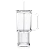 KEMORELA 26oz Ribbed Glass Mug with Handle and Lid – Large Clear Tumbler for Iced Coffee, Tea, Smoothies & Hot Drinks, Reusable Glass Cup with Straw, Dishwasher Safe, Travel Friendly