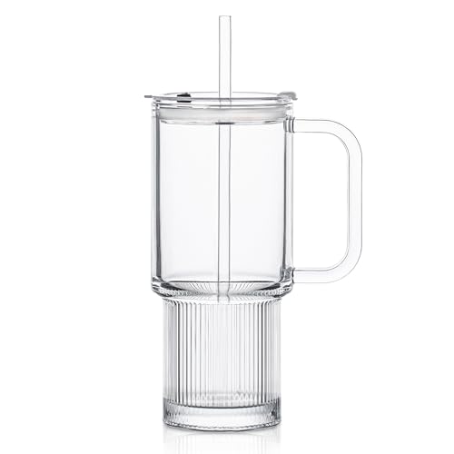 KEMORELA 26oz Ribbed Glass Mug with Handle and Lid – Large Clear Tumbler for Iced Coffee, Tea, Smoothies & Hot Drinks, Reusable Glass Cup with Straw, Dishwasher Safe, Travel Friendly