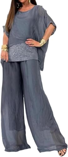 Mujeres Elegante Vintage Liso Dos Piezas Top de Gasa y Pantalones de Cintura Alta Conjunto Tul Vestido de Noche Vestido de celebración Fiesta Traje de Vacaciones (Gris,3XL)