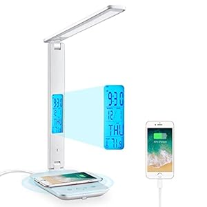 LAOPAO Desk Lamp, LED Desk Lamp with Wireless Charger, USB Charging Port, Adjustable Foldable ​Table Lamp with Clock…