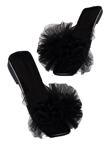 GORGLITTER Women's Wedding Sandals for Bride Ruffle Flat Sandals Dressy Square Toe Slip On Slides Comfortable Summer Shoes