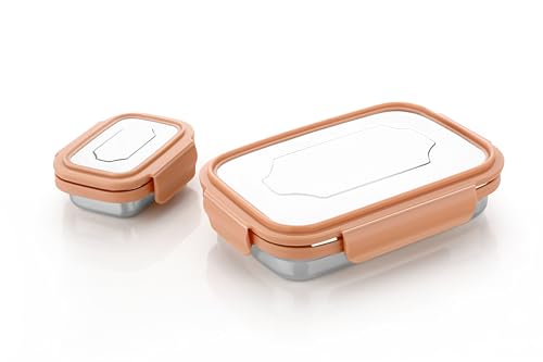 Image of Attro E-lite Stainless Steel Lunch Box with Small Container Sleek & Compact Food Grade Ideal for Office, School, Picnic & Outdoor - 800ml+180ml Peach