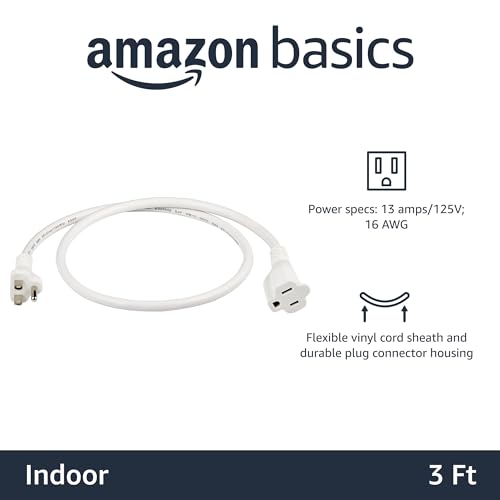 Image of Amazon Basics Extension Cord, 3 Ft, 3-Prong Outlet Extender, Indoor Use, 13 Amps, 125V, White, 2-Pack