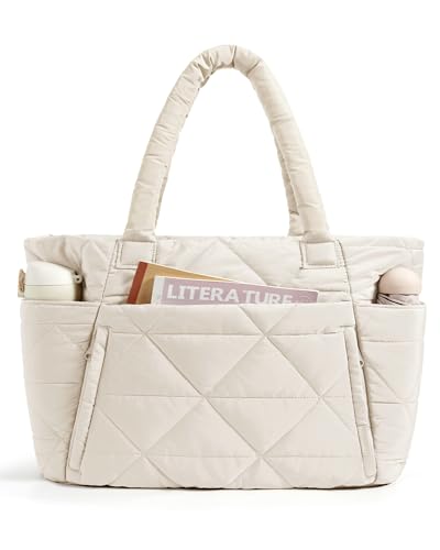 bagsmart Tote Bag for Women, Puffy Tote Bag with Zipper, Large Quilted Shoulder Bag with Compartments for Travel, Work, Gym