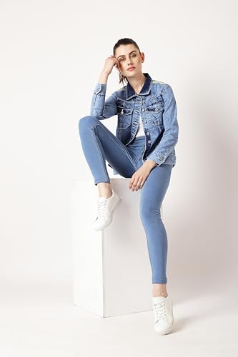 Image of Miss Chase Women's Polo Neck Full Sleeves Patch Pocket Denim Overcoat Knee-Length Jacket