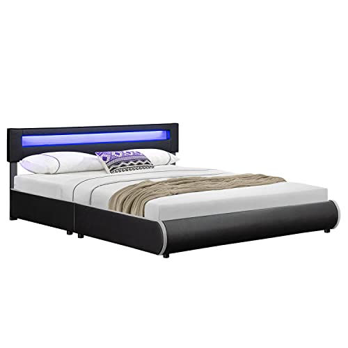 Juskys Lit rembourré Sevilla 180 x 200 cm, Cadre de lit avec éclairage LED et sommier à Lattes, Bois et Simili Cuir, lit Double King Size (Noir) (180x200cm)