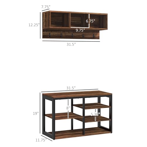 HOMCOM 2-in-1 Coat Rack Shoe Bench Set, 5-Hook Hall Tree with Bench and Shoe Storage for 10 Pairs of Shoes for Entryway, Hallway, Brown