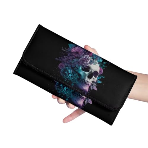 Image of AFPANQZ Women Soft Leather RFID Blocking Bifold Slim Wallets Skull Flower Pattern Ladies Credit Card Holder wtih Pocket, Credit Card Holder