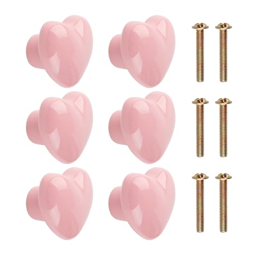 BigKego Lot de 6 boutons de meuble en forme de cœur, poignées de tiroir en céramique, boutons d'armoire, boutons de porte roses avec vis pour tiroirs,...